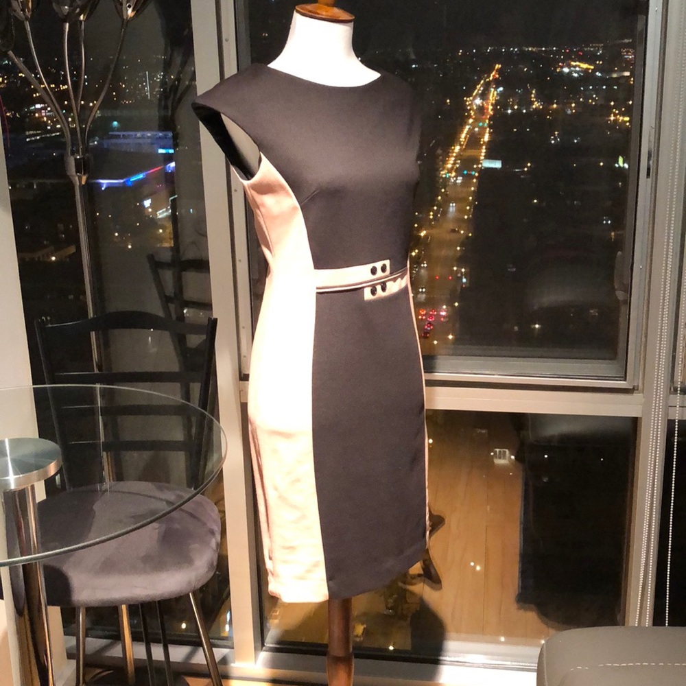Black &Beige color block fitted dress